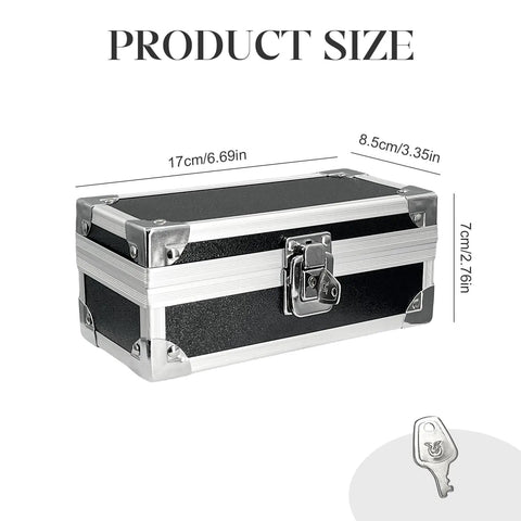 Lockable Cash Box With Key, Aluminum Alloy Money Safe With Single Row Currency Tray, showing dimensions and key