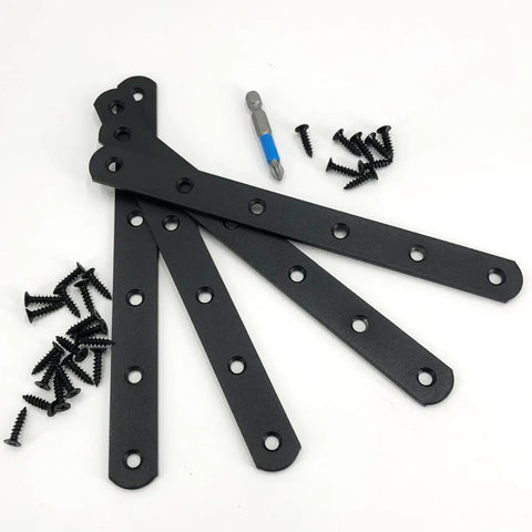 Heavy Duty 4 Pack Black Straight Corner Brackets Crafted From Legit Stainless Steel Measuring 7.67 Inches Includes M4 Screws And Hassle Free Driver For Easy DIY Repairs laid out with screws.