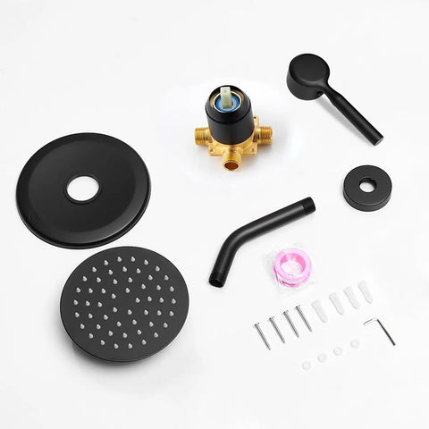 Badass Matte Black Tub And Shower Faucet Set With Valve Included features various components like a black rainfall head and valve.