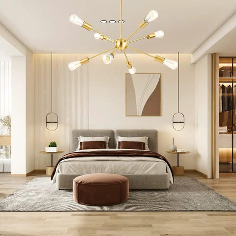 Mid Century Sputnik Chandelier With Eight Lights Industrial Vintage Black Starburst Flush Mount Ceiling Light for bedroom.