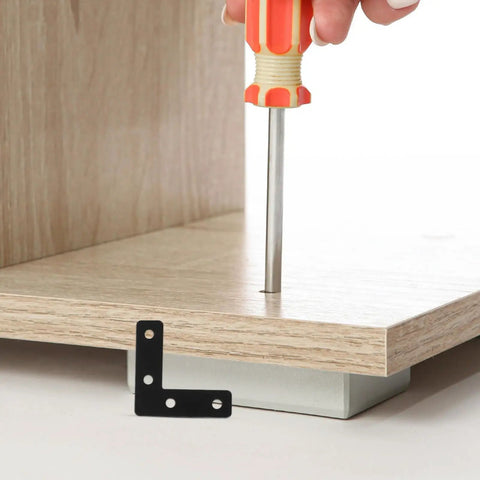Stainless Steel L Shaped Corner Braces 20 Pack For Picture Frames And Desk Supports Black 5x5 cm shown with screwdriver assembly
