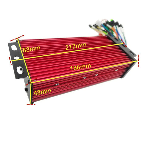 Red Dope LCD Display Brushless Square Wave Controller for 36V 48V 60V Electric Bikes, dimensions shown.
