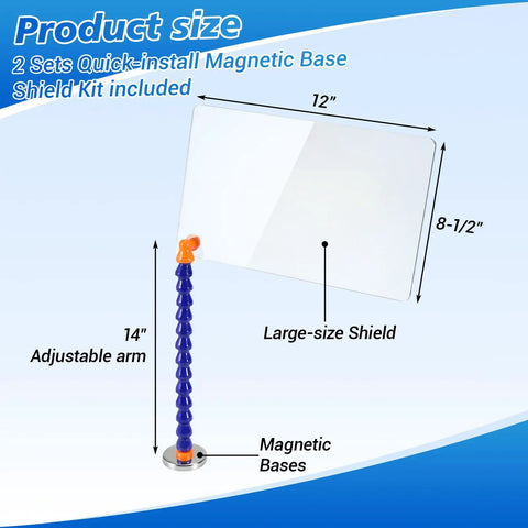 Two Sets Quick Install Magnetic Base Shield Kit With Adjustable Arm, 8.5 by 12 inches, showing size and features