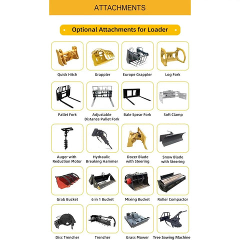 Optional attachments for Powerful 4WD Backhoe Loader including grappler, pallet fork, and auger with reduction motor for job site customization.