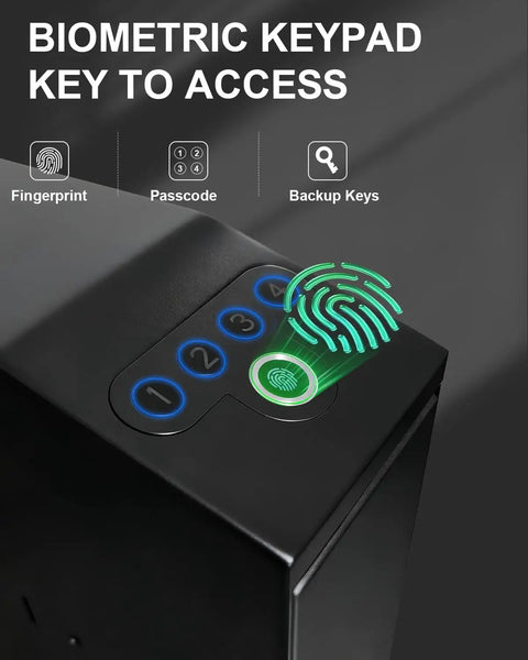 Biometric keypad on 0.1 Second Quick Access Pistol Safe With Auto Sliding Door Triple Access Biometric Fingerprint, Digital PIN, No Fuss Emergency Key Heavy Duty Nightstand Safe For Home Bedside Desk Or Truck Secure Handgun Security Box