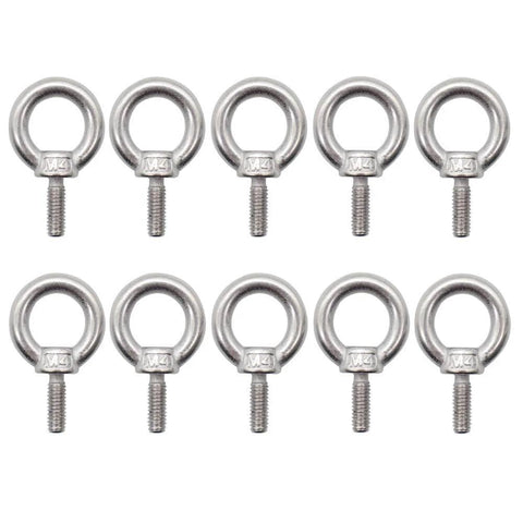 Ten Pack M4 Ring Eye Bolts, Heavy Duty 304 Stainless Steel, Shoulder Lifting, Male Thread, 0.7 Mm Pitch, 12 Mm Thread Size