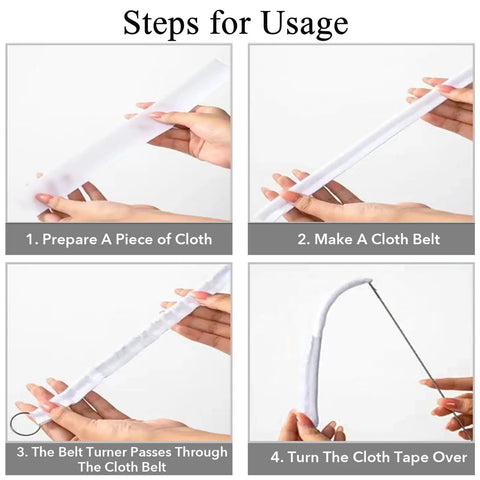 Steps showing 10-Piece Loop Turner Kit with 10.4 inch stainless steel hooks used for fabric tubes and belts, gentle on fabric.
