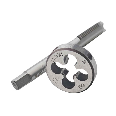 Close-up of Left Hand M10 X 1.0 Tap And Die Set High Speed Steel Threading Kit for reverse thread repair and machining.