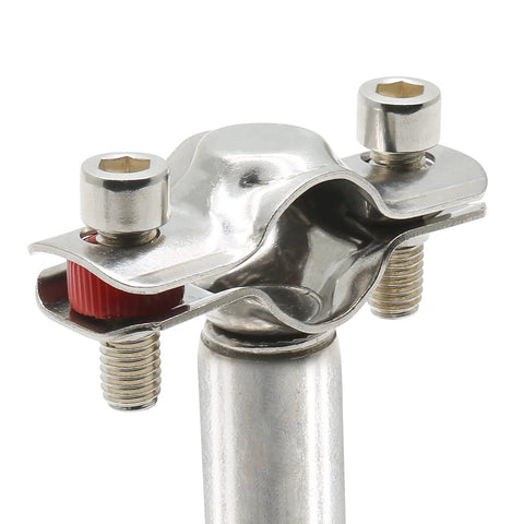Close-up of stainless steel pipe ceiling clamp with bolts and red adjustment knob on a vertical pipe