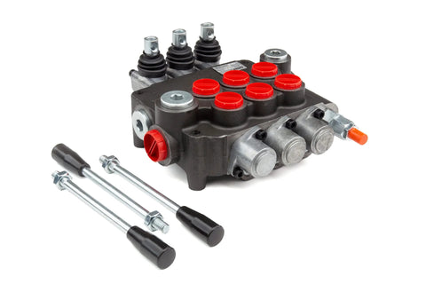 G Series P80 hydraulic valve with 3 spools for double-acting cylinders, includes SAE ports and precision control features