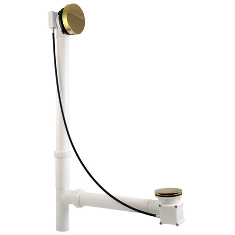 Top Shelf Smooth Operation Heavy Duty Cable Drive Bathtub Drain Trim Kit With 27 Inch Pull Chain Rotary Overflow Knob and Pop Up Stopper Plus Polished Brass Poly Tubular Pipe and Hardware Set, polished brass drain assembly.