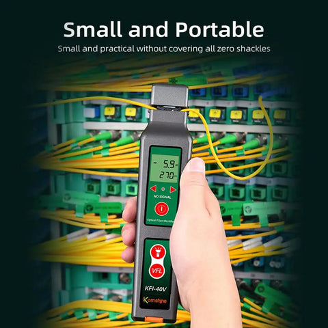 Hand holding KFI-40 All-In-One Workhorse Optical Fiber Traffic Identifier With VFL Function in front of fiber cables