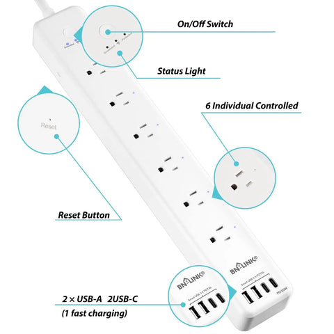 Zero Sweat Smart Power Strip Surge Protector With Six Independently Controlled Outlets, Four USB Ports Including One 20W Type C Rapid Charge, showing buttons and outlets.