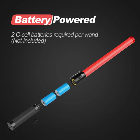 4 Pack 21 Inch LED Traffic Wands With Two Flashing Modes, showing battery compartment and C-cell battery requirement.