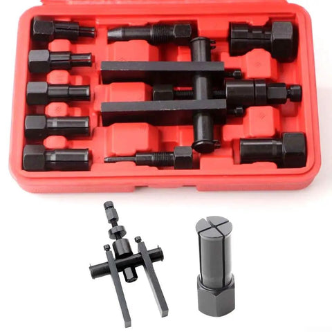 No Sweat Motorcycle Wheel Bearing Puller Set Featuring Ten Quick Grip Tools Sized Eight To Twenty Five Mm For Fast Inner Bearing Extraction Stored Inside A Rugged Carry Case.