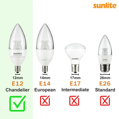 Image showing different bulb bases, highlighting E12 Candelabra base suitable for Tiny Chandelier Flicker Flame Light Bulbs Set.