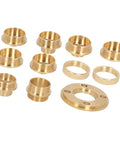 Heavy Duty Premium Brass Router Template Guide Set 11 Piece Woodworking Kit showing brass adapters and nuts in various sizes.