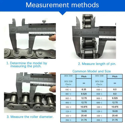 Measurement methods for Five Piece Offset Half Link Roller Chain Connectors For 08A Chain Half Inch Pitch ANSI 40 Carbon Steel with table and caliper