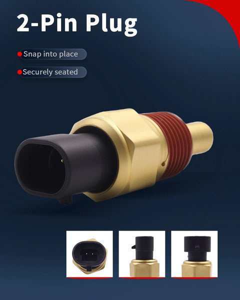 Side view of VEHICODE engine coolant temperature sensor with brass body, red threaded section and 2-pin connector