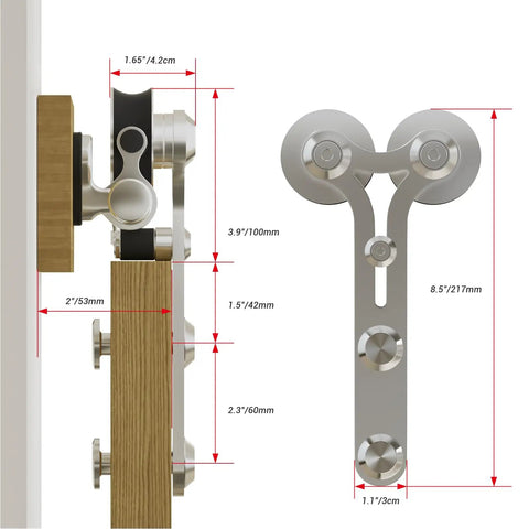 Side and front view of Y shape hangers from Six Foot Sliding Barn Door Hardware Kit With Stainless Steel Track For A Single Door Ultra Smooth And Quiet Operation Fits 36 Inch Panels Y Shape Hangers Supports Up To 220 Lbs Includes Track Hangers Rollers Connector, shown with dimensions.