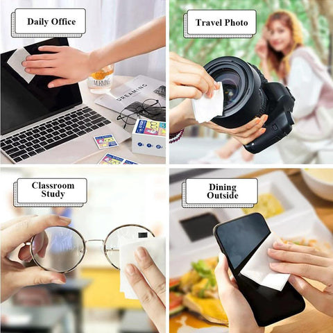 Lens wipes for eyeglasses; individually wrapped (300 pcs); cleaning laptop screen in office.
Lens wipes for eyeglasses; individually wrapped (300 pcs); cleaning camera lens in travel scene.
Lens wipes for eyeglasses; individually wrapped (300 pcs); cleaning round eyeglasses during classroom study.
Lens wipes for eyeglasses; individually wrapped (300 pcs); cleaning smartphone screen outdoors while dining.