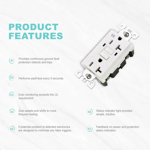 20 Amp GFCI Outdoor Outlet With Self Test, Weather Resistant Receptacle, LED Indicator, White, Product Features