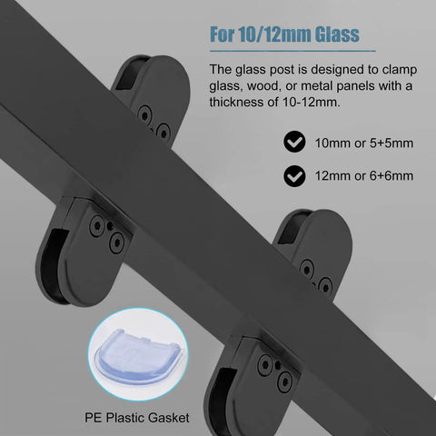 Top Shelf Black Glass Railing Post For Outdoor Stairs Decks built like a tank showing clamps for 10/12mm glass attachment.