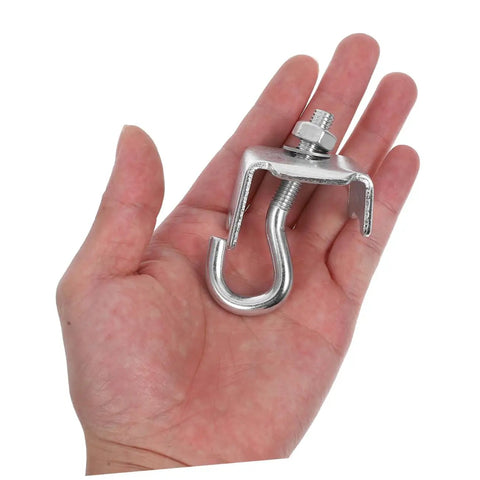 Killer Grip Six Piece Heavy Duty Girder Clamp Hooks For Beam Storage versatile shelving bracket held in hand, showcasing sturdy steel build.