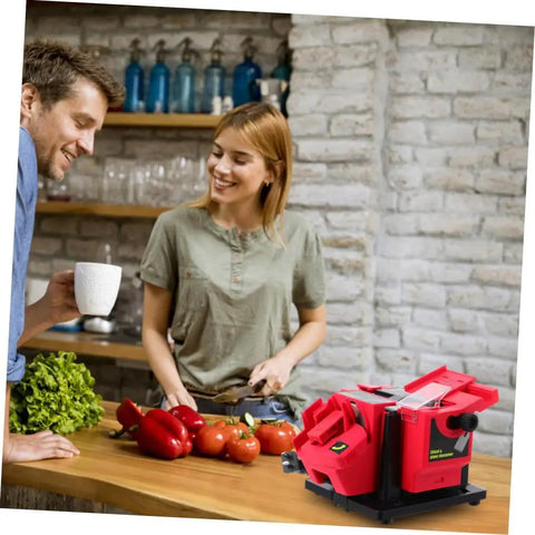 Top Shelf Electric Knife Sharpener For Kitchen Blades And Drill Bits Quick Multi Function Tool With Compact Build For Scissors Cleavers And Razor Edges Works Like A Dream Daily on a kitchen counter with vegetables.