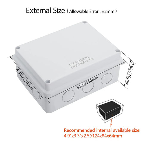 Outdoor weatherproof IP65 junction box with dimensions 5.9 x 4.3 x 2.8 inches, ideal for protecting electronics from dust and rain.