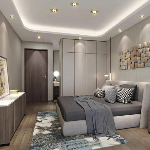 Badass 3 Inch Brass Recessed Downlights Featuring Sleek Baffle Trim And Solid Copper Build For Dead On Precision illuminate a modern bedroom