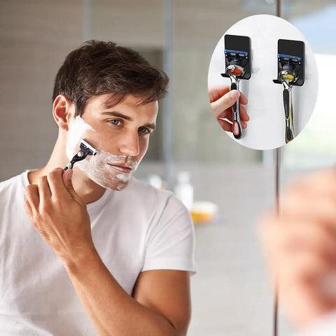 Man shaving with razor in focus, inset shows Heavy Duty Self Adhesive Razor Holder And Shower Hook Set In Stainless Steel Stick On Wall Hangers.