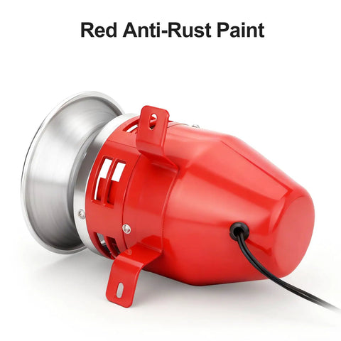 Heavy Duty 24V DC Motor Siren Featuring Rock Solid Metal Housing For Industrial Security And Emergency Warning Systems delivering vivid red anti-rust finish.