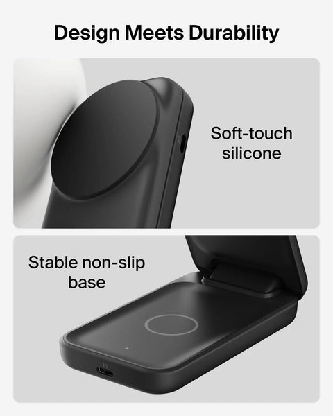 MagSafe 25W Wireless Charger Stand 2-in-1 Dock With Qi2.2 Fast Charge showing soft-touch silicone and non-slip base
