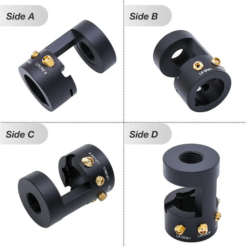 Four views of Aluminum TIG Tungsten Electrode Sharpener With Cut Off Slot, Multi Angle Offsets, precision CNC machined tool.
