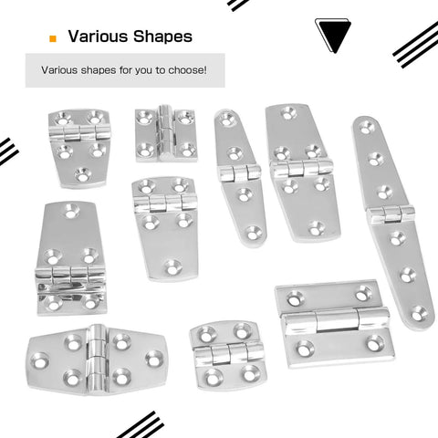 Heavy Duty Square Marine Hinge Built Tough As Nails From Top Tier Sus316 Stainless Steel With Sleek Swinging Motion and Elite Rust Defense For Boat Decks and Cabin Doors Selling As A 1.97 Inch Two Pack Setup - Various shapes displayed.