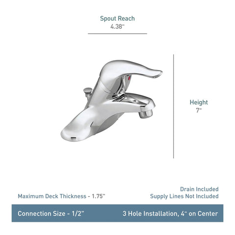 Chateau Chrome One-Handle Low Arc Centerset Bathroom Sink Faucet With Drain Assembly, dimensions shown, in sleek chrome finish.
