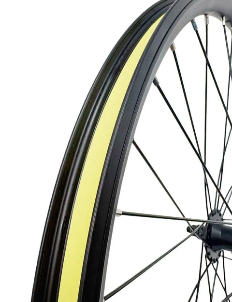 Close-up of EBike Front Wheel 26 Inch 36H Double Wall Aluminum Rim 100mm Bolt On Hub 13G Spokes Disc Brake Compatible with yellow strip