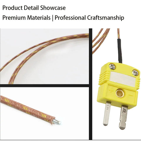 Close-up of Type K Thermocouple Temperature Probe Sensor Three Meter Cables, industrial yellow connector with fiberglass insulation