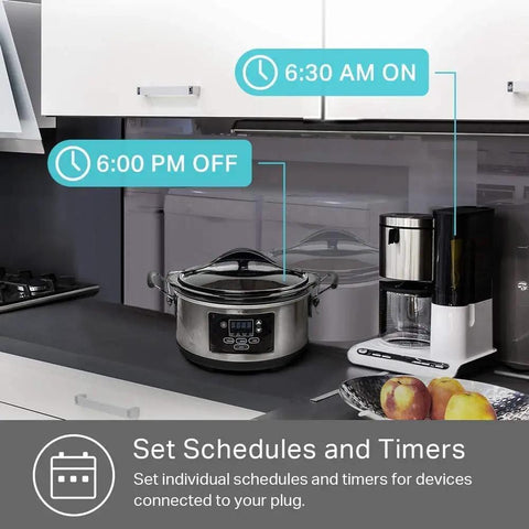 Smart WiFi Plug Outlet That Lets You Control Lamps And Gadgets From Anywhere With Hands Free Voice Control Via Alexa Google Home And IFTTT No Hub Required Remote Control Scheduling 15 Amp UL Certified 4-Pack White shown on kitchen counter next to appliances visualizing schedule setting