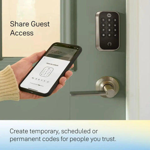 Next Level Fingerprint Deadbolt With Wi Fi Smart Lock And Touchscreen Keypad, smartphone displaying access codes beside lock.