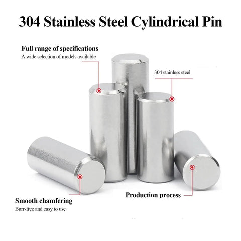 Cylindrical stainless steel pins with chamfered edges, smooth finish, labeled as 304 stainless steel, grouped together