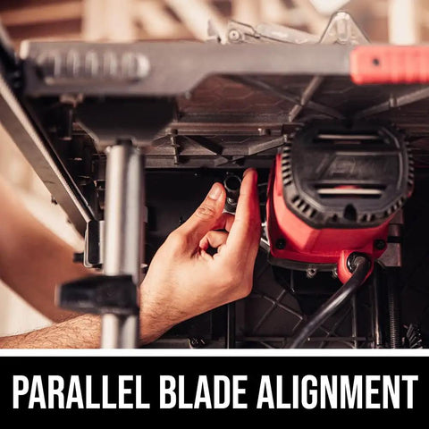 User aligning the blade on a Solid 15 Amp 10 Inch Table Saw featuring kickass precision cuts and rack and pinion fence.