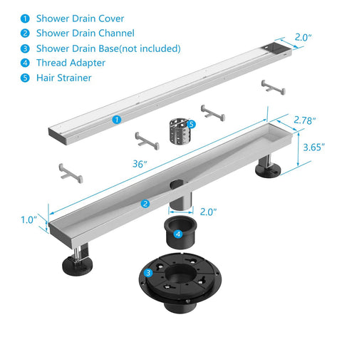 Diagram showing parts of Tile Inset Linear Shower Drain 36 Inch 2 In 1 Brushed Nickel 304 Stainless Steel Floor Drain With Tile Insert Grate