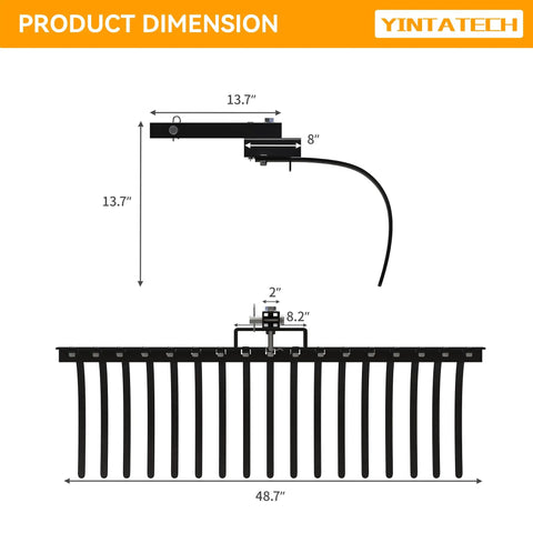 Diagram showing dimensions of Beast Of A Tow Behind Landscape Rake For ATV And UTV 48 Inch Wide With 2 Inch Receiver 17 Heavy Duty Spring Steel Tines