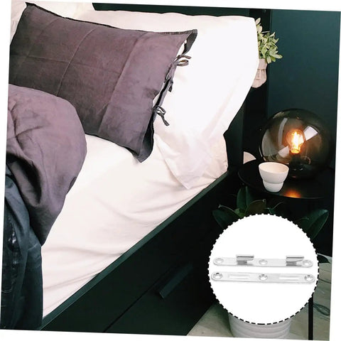 Dang Sturdy Bed Rail Brackets 6 Pack With Hook Screws And Fasteners For Securing Wood Headboards To Frames Heavy Duty Metal Furniture Hardware Quick Setup beside a bed.