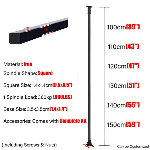 Top Tier Adjustable Black Wrought Iron Stair Railing For Indoor And Outdoor Deck Projects features a square spindle shape and heavy-duty build.
