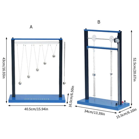 Metal Ball Physics Pendulum Resonance Demonstrator for classroom experiments, two views, dimensions labeled, blue and silver construction