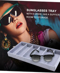 Smooth Six Grid Eyewear Display Holder And Jewelry Storage Plate Featuring A Zero Hassle Clear Cover Soft Lined Tray For Sunglasses Glasses Watches Desktop Organizer Rack with sunglasses on grey tray.