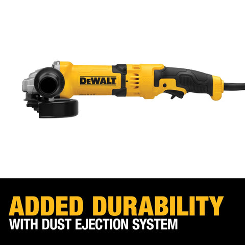 Side view of Beefy 13 Amp Angle Grinder With Dust Ejection System Four And A Half Inch To Five Inch Guard Compatibility